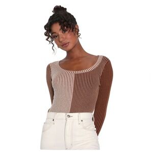 NWT Lulu's Mod Cutie Brown and Cream Color Block Ribbed Bodysuit Size Large